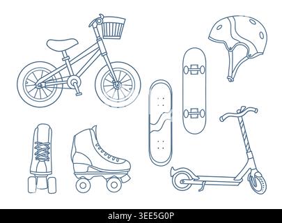 Ensemble d'icônes de dessin au trait pour le transport d'activités en plein air Illustration de Vecteur