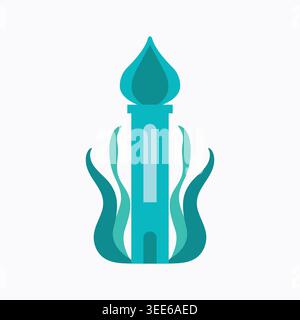 Illustration simple d'une grande tour de minaret turquoise avec un dôme pointu en forme de flamme et feuillage latéral décoratif. Illustration de Vecteur
