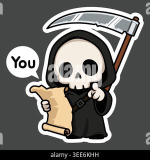Mignon Grim Reaper pointant vers vous autocollant de dessin animé, personnage de mort Kawaii avec illustration vectorielle de défilement Illustration de Vecteur