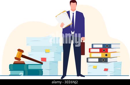 Avocat professionnel tenant dossier avec documents juridiques, entouré de documents juridiques, dossiers et livres de droit. Illustration de stock. Illustration de Vecteur