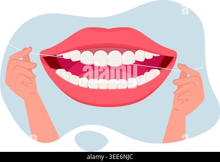 Vecteur plat des mains utilisant le fil dentaire pour nettoyer les dents saines, favorisant les soins bucco-dentaires et un sourire éclatant. Illustration de Vecteur