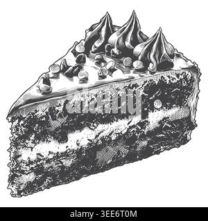 Une illustration vectorielle sophistiquée et classique de style de gravure d'une riche tranche de gâteau de couche de chocolat. Cette illustration détaillée dessinée à la main est parfaite pour un Illustration de Vecteur