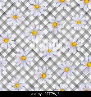 Pâquerettes de camomille aquarelle douces sur un fond gris Vichy peint à la main. Motif floral délicat sans couture pour tissu, papier peint, papier d'emballage Banque D'Images