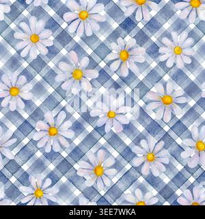 Marguerites à la camomille peintes à la main sur un fond Vichy bleu doux. Motif floral sans couture pour tissu, papier peint, décoration et s. Banque D'Images