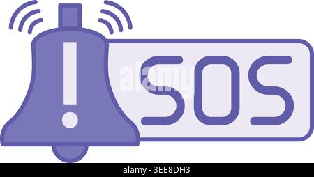 Icône SOS violette. Icône vectorielle. Sonnerie et point d'exclamation. Signal de détresse international. Concept d'urgence Illustration de Vecteur