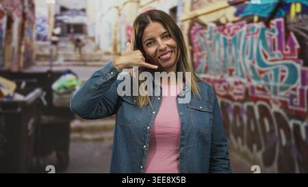 Femme faisant un geste d'appel avec le pouce et rose à l'oreille, souriant dans la veste en denim et chemise rose dans l'allée de la rue graffiti avec poubelles ; ludique. Banque D'Images