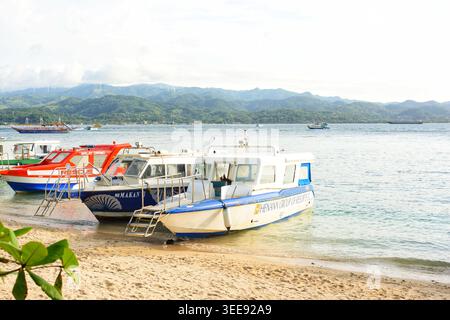 Littoral tropical idyllique avec sable blanc, palmiers et bateaux traditionnels philippins (bangkas) à Boracay Island, Philippines Banque D'Images