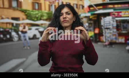 Femme tenant deux fraises entre les doigts sur un kiosque de rue animé, jeune brune arabe en pull rouge inspectant le fruit ; dégoût. Banque D'Images