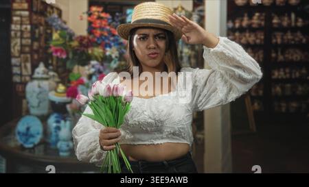 Femme en chemisier blanc tient des tulipes roses, la main protégeant les yeux tout en portant un chapeau de paille, debout au milieu des vases en céramique dans un bâtiment ; contemplez la désapprobation Banque D'Images