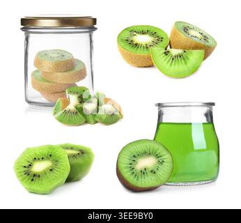 Confiture de kiwi. Fruits frais et bocaux en verre isolés sur blanc, sertis Banque D'Images