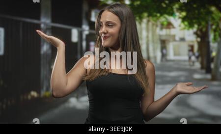 Femme montrant des paumes ouvertes avec les mains levées dans une pose d'épaule d'équilibre sur une rue ensoleillée, les yeux fermés et un léger sourire ; curiosité ludique. Banque D'Images
