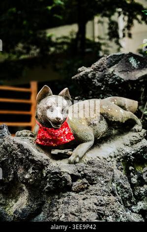 Statue de renard en pierre portant un bavoir rouge reposant sur des rochers dans le parc du sanctuaire Nezu, quartier Bunkyō, Tokyo, Japon Banque D'Images