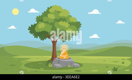 Moine bouddhiste méditant sous un arbre Flat Design.Monk pratiquant la pleine conscience dans la nature.paysage spirituel avec moine méditant sur un rocher Illustration de Vecteur