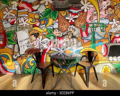 Graffitis muraux colorés représentant des personnages de dessins animés joyeux dans une tenue javanaise traditionnelle, célébrant la culture et l'identité locales lors d'un Solo-9 mai 2026 Banque D'Images