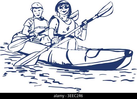 Croquis de gens de kayak sur la rivière, le lac, l'homme et la femme. vue de face. Style bleu méditerranéen dessiné à la main. Illustration vectorielle isolée. Doodle Illustration de Vecteur