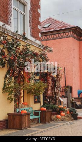 Scène de rue d'automne confortable avec façade de café décorée, citrouilles, foin et arrangement d'automne saisonnier Banque D'Images