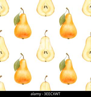 Illustration dessinée à la main d'un motif sans couture avec des poires jaunes entières et coupées en deux, et des feuilles dispersées sur un fond blanc. Banque D'Images