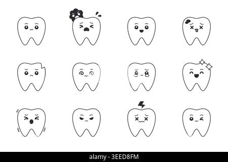 Ensemble d'icônes d'art de ligne de contour de caractère de dent de dessin animé mignon avec diverses expressions sur l'illustration vectorielle de fond blanc Illustration de Vecteur