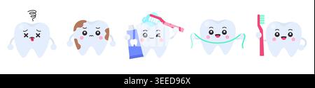 Personnages ombragés de dents de bande dessinée avec dent morte, tache de tartre, brosse à dents avec dentifrice, fil dentaire et brosse à dents sur fond blanc vecteur illu Illustration de Vecteur