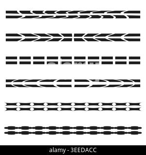 Un ensemble vectoriel de dessins abstraits de bande de roulement de pneus noir et blanc, présentés comme bordures décoratives pour les projets de conception. SPE 10. Illustration de Vecteur