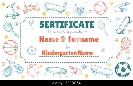 Modèle coloré de diplôme d'école mignon pour les enfants et les enfants dans les classes maternelles ou primaires avec des éléments d'art de ligne de doodle dessinés à la main, icônes de croquis de sport sur fond blanc. Concept d'éducation de l'enfant Illustration de Vecteur