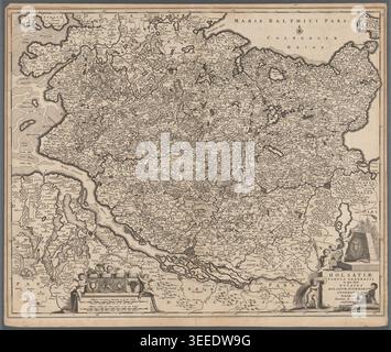 Carte historique du Holstein par le cartographe néerlandais Frederik de Wit, créée vers 1620-1680. Carte antique gravée représentant la région du Holstein, le Schleswig, Hambourg, Lübeck et les territoires du nord de l'Allemagne avec des côtes détaillées, des rivières, des villes et des cartouches décoratives du début de l'ère moderne. Banque D'Images