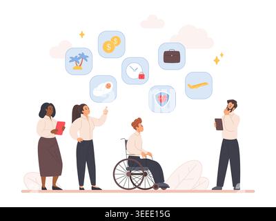 Les employés de bureau, le gestionnaire examinent les avantages sociaux des employés, y compris les vacances, l'assurance maladie, l'invalidité, le congé parental, les voyages et les primes, illustration vectorielle isolée de la rémunération du lieu de travail inclusive Illustration de Vecteur