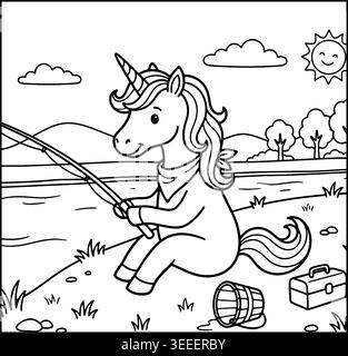 Coloriage d'une pêche licorne sur la feuille de coloration anti-stress au bord du lac avec de hauts détails isolés sur fond blanc, illustration. Illustration de Vecteur