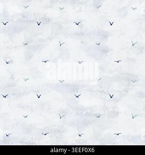 Motif sans couture d'oiseau minimal avec de petites silhouettes volantes sur fond texturé, illustration d'aquarelle peinte à la main. Motif répétitif léger et aéré pour Banque D'Images