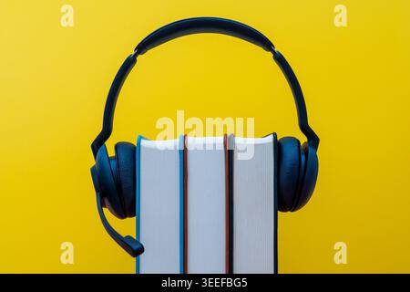 Un casque noir avec un microphone sur trois livres à couverture rigide debout sur fond jaune. E-learning, cours en ligne, étude des langues Banque D'Images