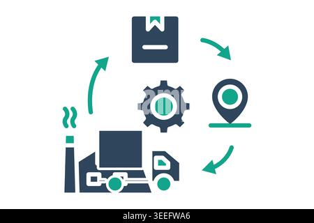 Icône solide de la chaîne logistique. Icône complexe montrant une usine, un camion, un colis et une broche d'emplacement reliés par des flèches circulaires, représentant l'approvisionnement de bout en bout Illustration de Vecteur