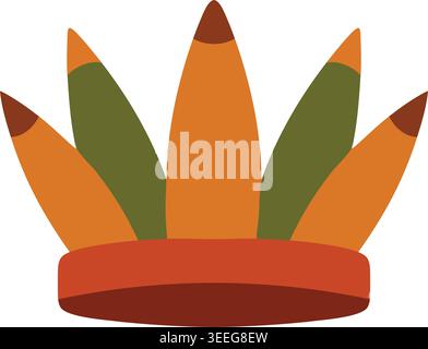 Illustration simple d'une couronne basse avec de hauts panaches de plumes en vert orange et marron disposés autour d'une bande rouge. Illustration de Vecteur