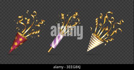 Vecteurs éclatants de confettis de popper de fête avec des streamers dorés, des étoiles et des paillettes, des crackers de célébration 3D réalistes pour la conception d'anniversaire, anniversaire, carnaval et événement festif. Ensemble isolé de vecteur. Illustration de Vecteur