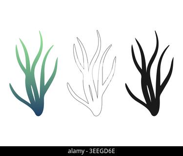 Silhouette d'herbe d'algue avec contour d'icône noir et versions dégradées bleu vert pour le décor de la vie marine et le design sous-marin. Illustration vectorielle Illustration de Vecteur