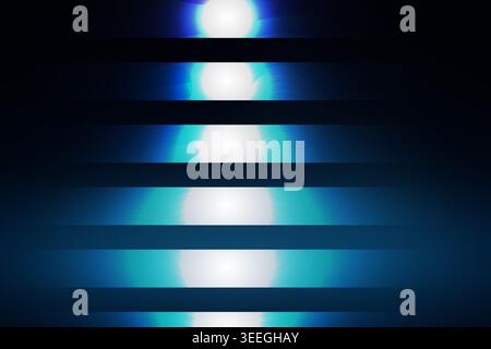 Composition numérique abstraite présentant une séquence verticale de cercles lumineux blancs et cyan entrecoupés par des barres horizontales sombres. Banque D'Images