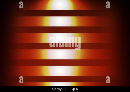 Un fond abstrait avec des bandes horizontales sombres superposées avec un faisceau lumineux orange et blanc éclatant au centre. Banque D'Images