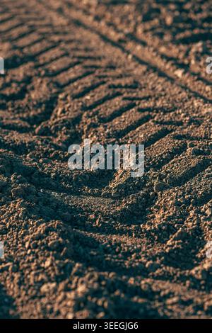 Gros plan des sculptures de pneus sur sol sec, traces d'agriculture rurale et surface texturée, mise au point sélective Banque D'Images