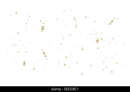 Confettis et rubans dorés luxueux flottent sur un fond blanc propre, créant une ambiance festive et festive. Idéal comme fond de fête ou de célébration Illustration de Vecteur
