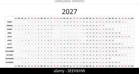 Calendrier linéaire espagnol imprimable 2027 pour l'Espagne avec disposition organisée des rangées et structure de planificateur annuel Illustration de Vecteur