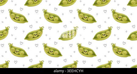 Mignon pois kawaii modèle sans couture avec des personnages de dessins animés de nourriture saine drôles. Illustration de Vecteur