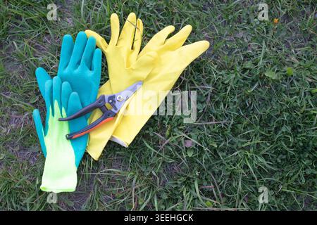 Gants de protection jaune vif et turquoise et ciseaux de jardin jetés décontractés sur la pelouse. Équipement saisonnier pour l'entretien des plantes et l'aménagement paysager. Natura Banque D'Images