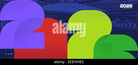 Football football 2026 fond de championnat du monde avec des numéros colorés abstraits et silhouette d'arène de stade. Graphique vectoriel. Illustration de Vecteur