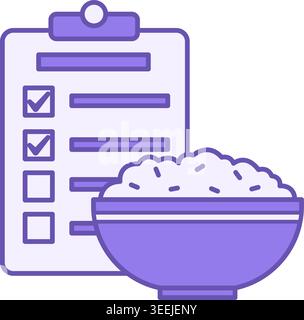 Icônes colorées de planification des repas. Dessin vectoriel. Riz cuit dans un bol et recette avec des produits diététiques. Alimentation saine. Concept de nutrition Illustration de Vecteur