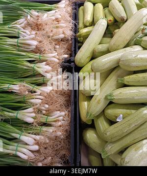 Oignons verts fraîchement cueillis et courgettes exposés en vrac dans un supermarché. Représentant une alimentation saine, l'agriculture et l'abondance de nourriture Banque D'Images