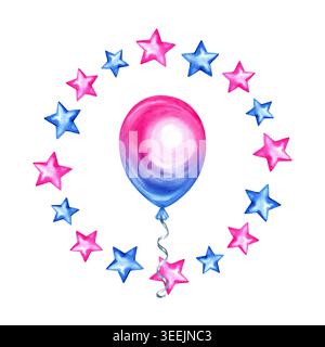 Aquarelle genre révéler illustration avec un grand ballon rose et bleu entouré d'un cadre circulaire d'étoiles colorées. Une main festive dessinée Banque D'Images