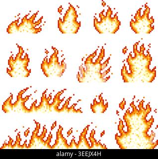 Icônes Pixel Fire. Éléments de gravure de jeu rétro, style de jeu d'ordinateur d'arcade 8 16 bits. Éléments de conception UI ux, flammes de feu magiques, clipart vectoriel bien rangé Illustration de Vecteur