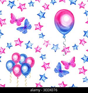 Motif aquarelle sans couture pour une fête de révélation de genre avec des ballons roses et bleus, des papillons et des étoiles étincelantes. Une main festive dessinée Banque D'Images