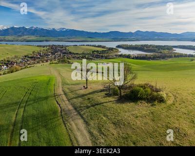 Vue aérienne d'un chemin de terre et d'arbres surplombant le village, le réservoir Liptovska Mara et les montagnes Tatras enneigées à Liptovsky Trnovec, Banque D'Images