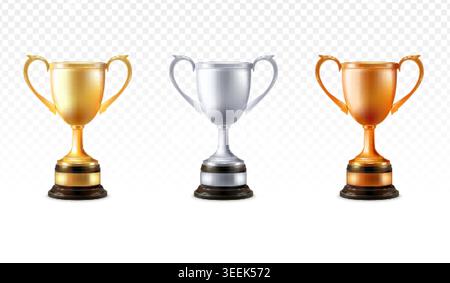 Tasse en bronze argenté doré. Tasses d'or réalistes classement 3d Award, trophée de victoire champion prix de piédestal gagnant jeu de football de sport réalisation isolé set exact illustration vectorielle originale Illustration de Vecteur
