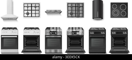 Poêle réaliste. Cuisinière à gaz cuisinière cuisinière de cuisine, brûleur de gril moderne inoxydable porte ouverte cuisinière vue de dessus appareil ménager 3d isolé ensemble gaieté illustration vectorielle illustration originale Illustration de Vecteur